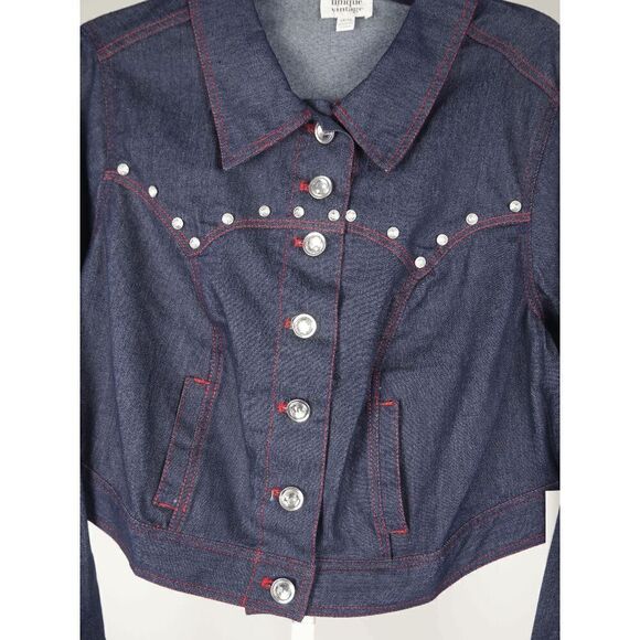 Unique Vintage Dark Denim rhinestone Western Boxy Crop Jacket S - Picture 4 of 9